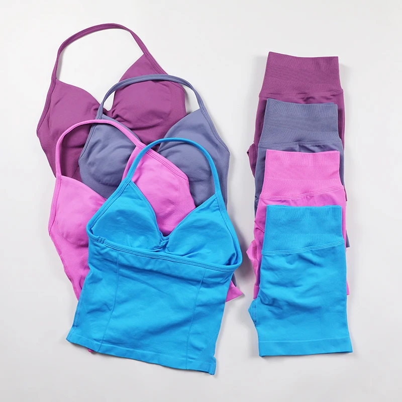 

Scrunch Seamless Yoga Set Women 2 Piece Padded Halter Tank Top Low Waist Gym Shorts Sets Summer Sportswear Workout Clothes