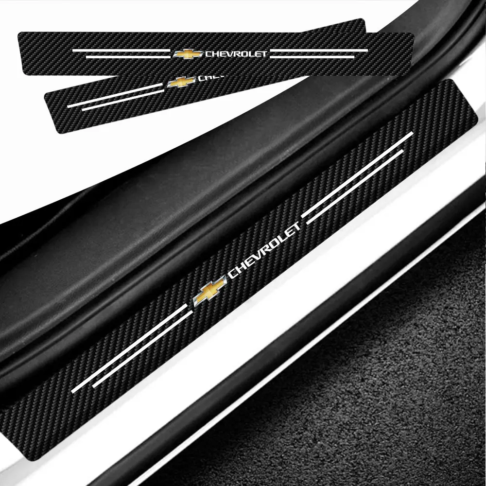 4pcs/set Carbon Fiber Leather Car Door Sill Scuff Plate Decor Carbon Fiber Stickers For Chevrolet Trax Malibu SS Equinox Impala