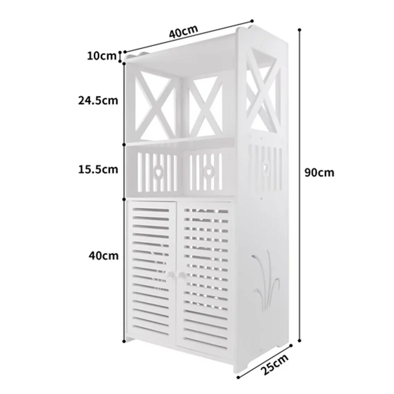 Bathroom Floor Cabinet,Waterproof FreeStanding Bathroom Storage Unit with Daily Use Layer and Cupboard Double Door,3-Tiers PVC