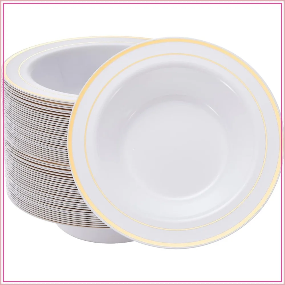30PCS Disposable Plastic Bowls with Gold Rim, 12 oz Fancy White Plastic Bowls, Dessert Salad Bowls Perfect for Party, Wedding and Summer Gatherings — купить у AliExpress WW