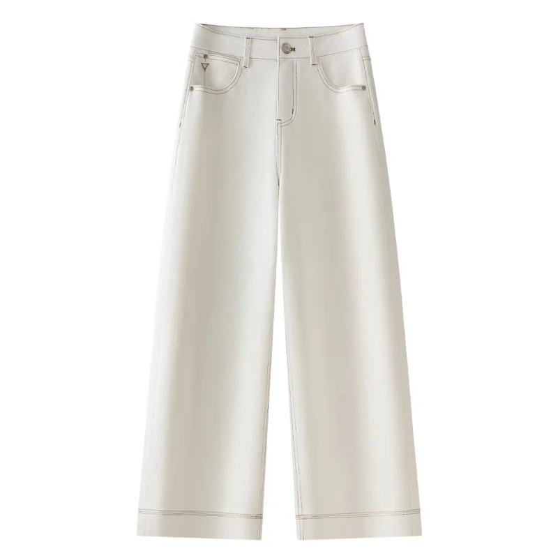 

Белые джинсы для женщин, осенние укороченные брюки с прямыми штанинами, утягивающие, простые, универсальные, свободные широкие брюки с высокой талией