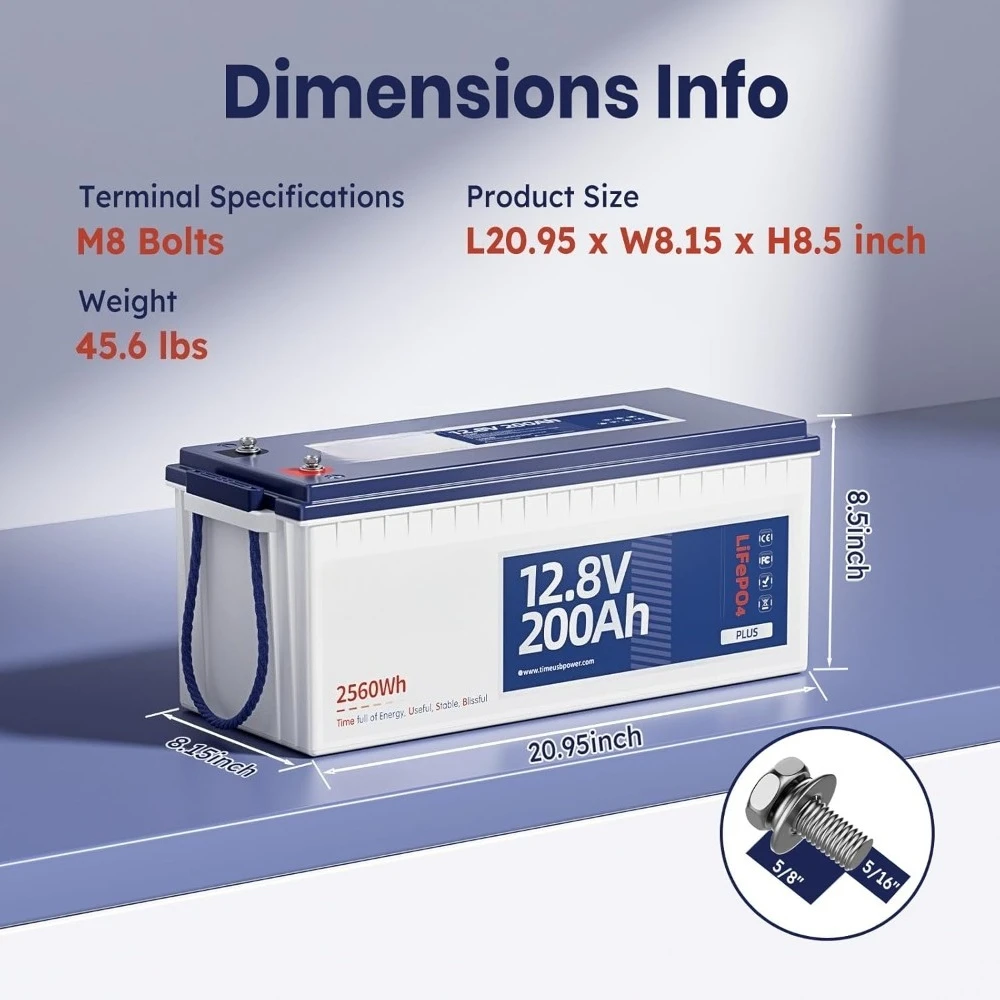 12V 200Ah Plus LiFePO4 Battery,  Lithium Battery with 200A BMS, Max. 2560W Power, 4000-15000 Deep Cycles, 10-Year Lifetime