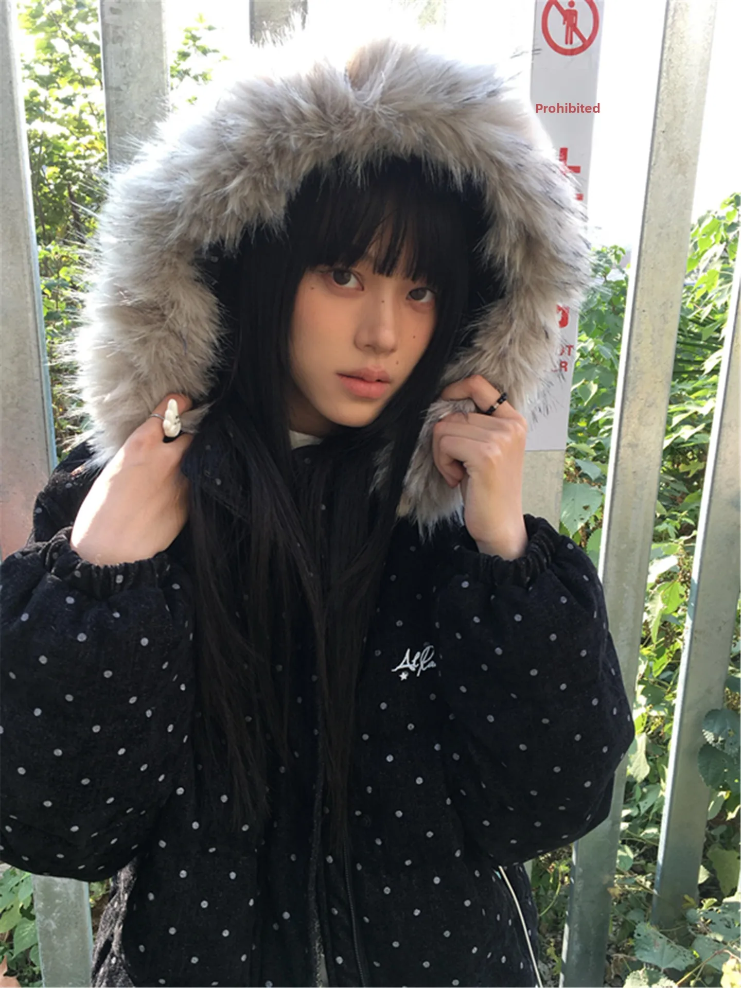 

Black Polka Dot Hooded down Cotton Jacket Women's Winter Thickened Short Style College Style Cotton Coat Korean Loose Fit
