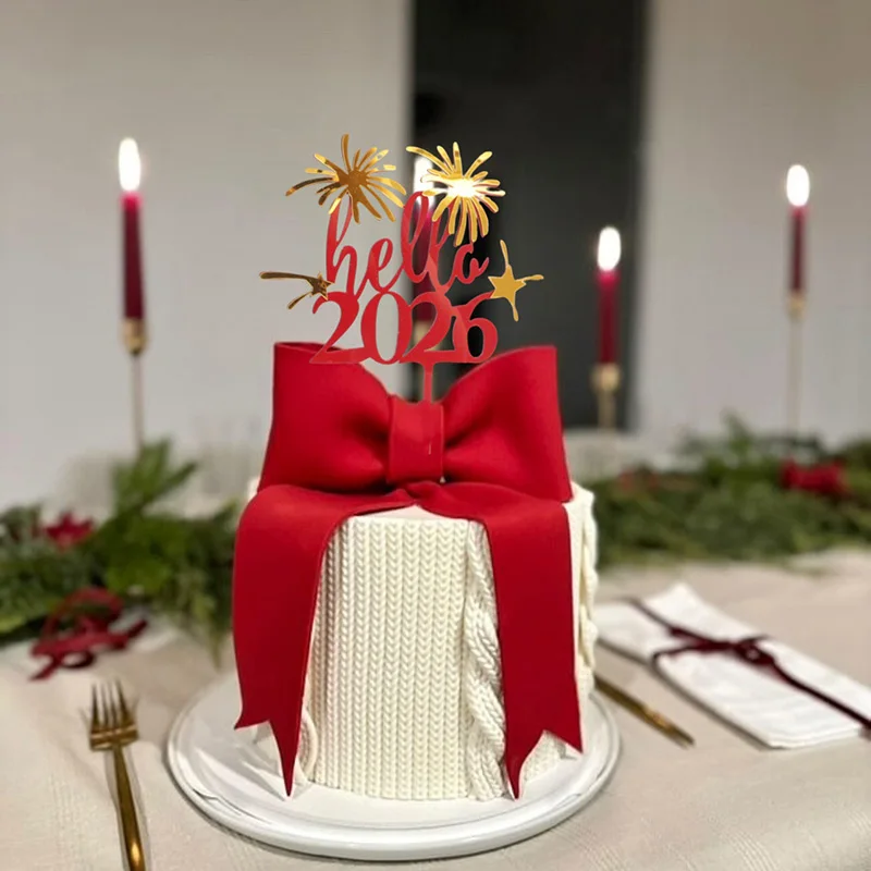 1pc Happy New Year Cake Topper Golden Red Hello 2026 Acrylic Cake Topper for Christmas Xmas New Year Party Cake Decorations