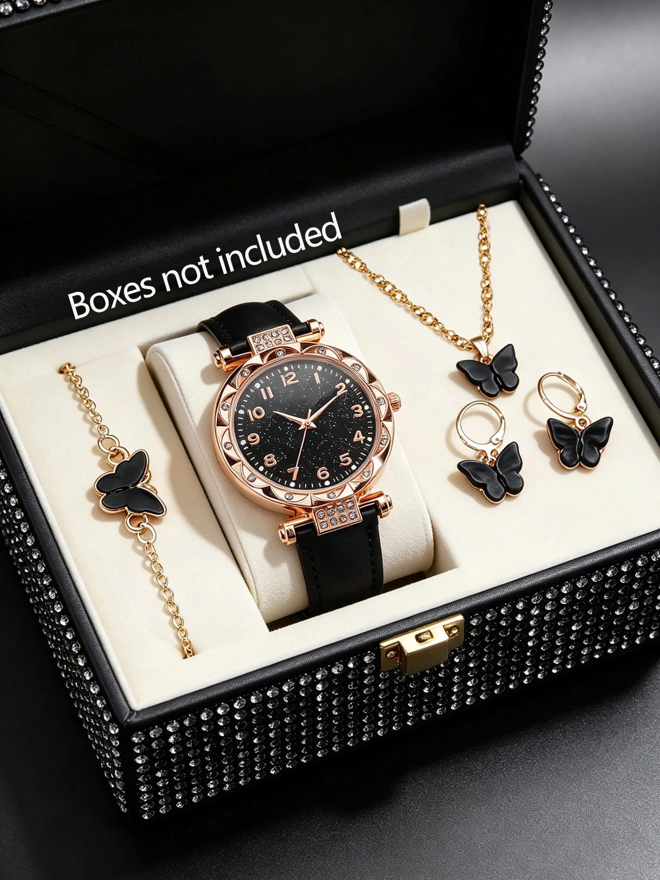 Fashion classic round shell lace lady quartz watch + butterfly bracelet necklace stud earrings set, a festive gift