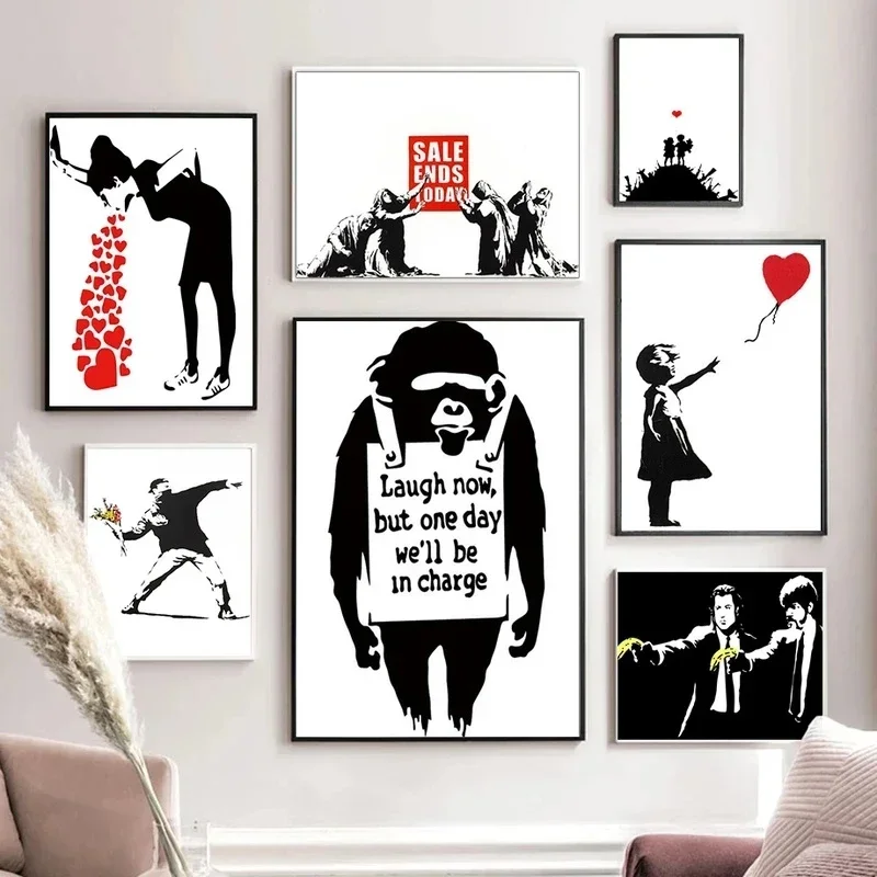 Minimalist Banksy Artwork Canvas Poster Girl with Red Balloons Street Graffiti Wall Art Picture Room Decor Aesthetic Home Decor