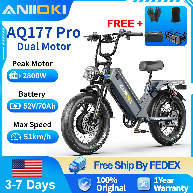 

Электровелосипед ANIIOKI AQ177 AWD с двумя моторами 2800 Вт, 52 В, 70 Ач, скорость до 32 миль/ч, большой запас хода, для взрослых.