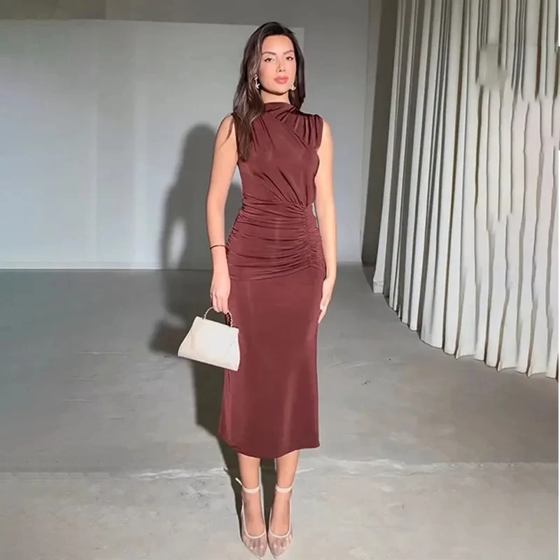 

2026 Spring Summer New Fashion Elegant Pure Color Sleeveless Ruched Split Side Bodycon Midi Dress Women