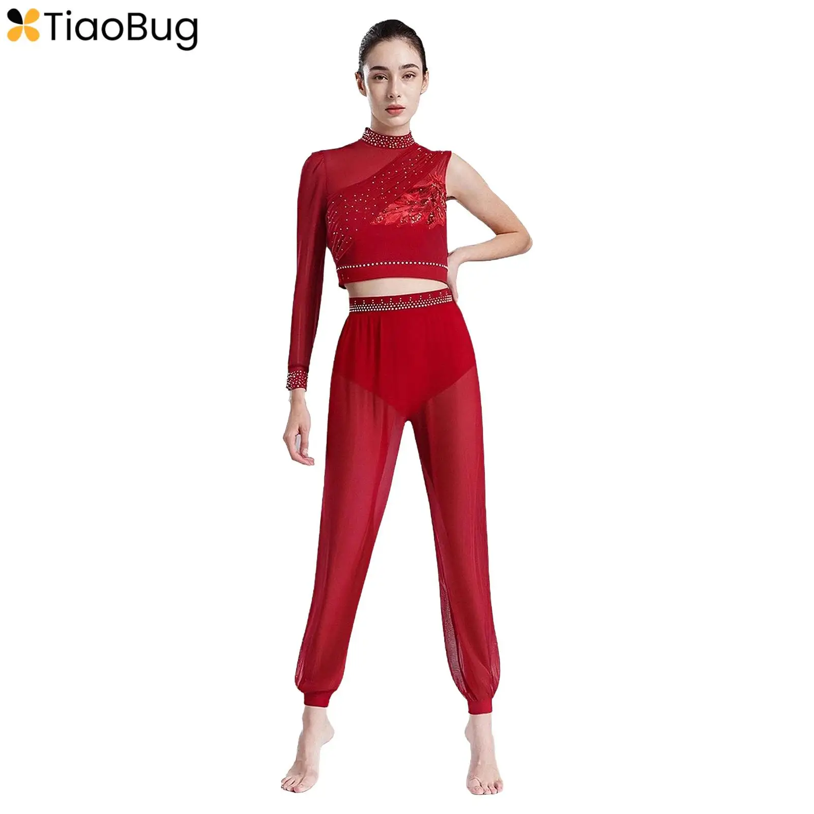 

Women Latin Jazz Belly Dance Outfit Backless Asymmetrical Crop Top and Mesh Long Pants Glitter Rhinestone Dancewear 2-piece Set