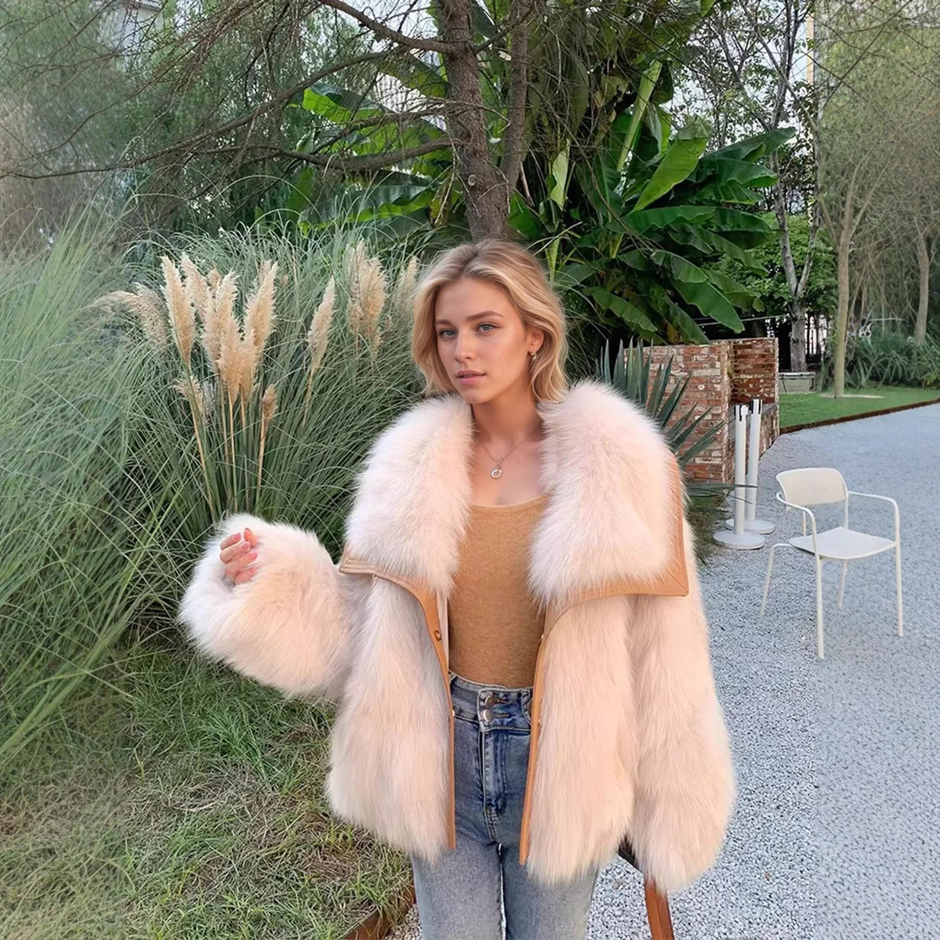 

Европейская и американская женская куртка с широким воротником из искусственного меха лисы, новая модная плюшевая верхняя одежда