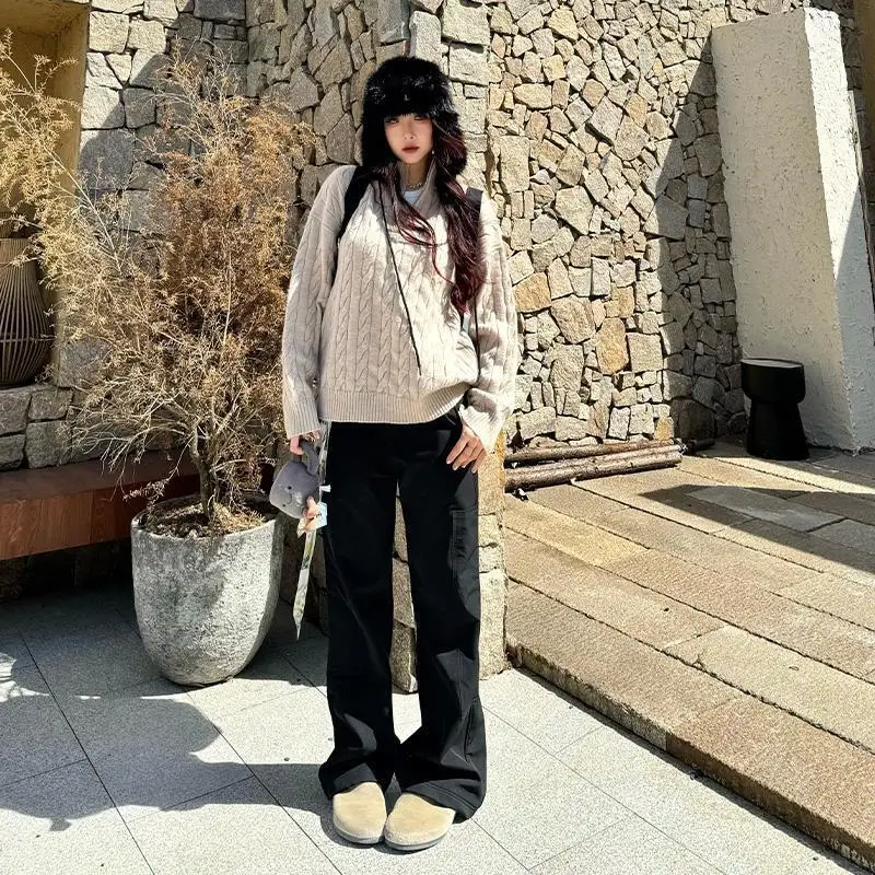 Man Knitting Base Layer 2025 Autumn Winter New Retro Lazy Sweater Half Zip Cable Knit Unisex Teen Couples Inner Wear Knit Top