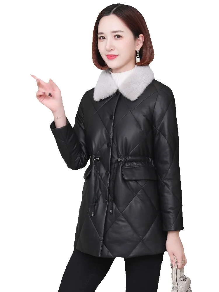 Jaket kulit asli untuk wanita, jaket kulit asli wanita, jaket bulu cerpelai kerah persegi Slim Fit bergaya