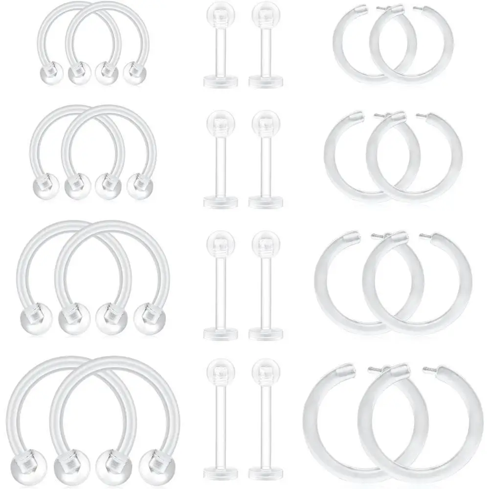 1/24PCS Set 16G Clear Piercing Flexible Cartilage Helix Tragus Earring Retainer Bioflex Acrylic Nose Septum Lip Eyebrow Rings