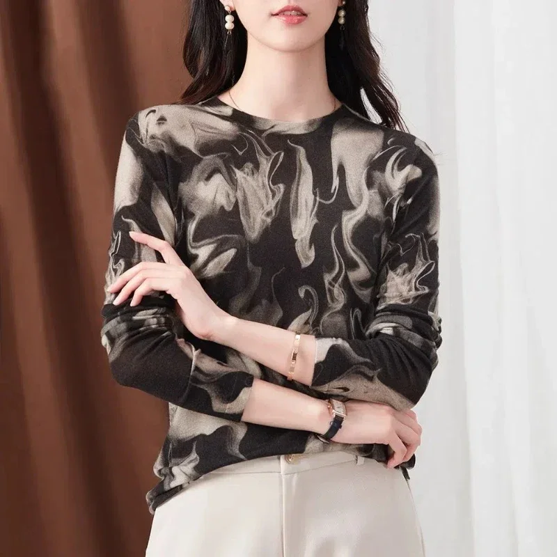 

Women New Spliced pullovers O-Neck Printed Fashion Loose All-match Long-sleeved Knitted Tops Minimalist Casual Spring Autumn