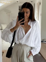 Clacive Casual Loose White Cotton Women's Blouse 2025 Fashion Stand Collar Long Sleeve Shirt Elegant Classic Solid Top Female