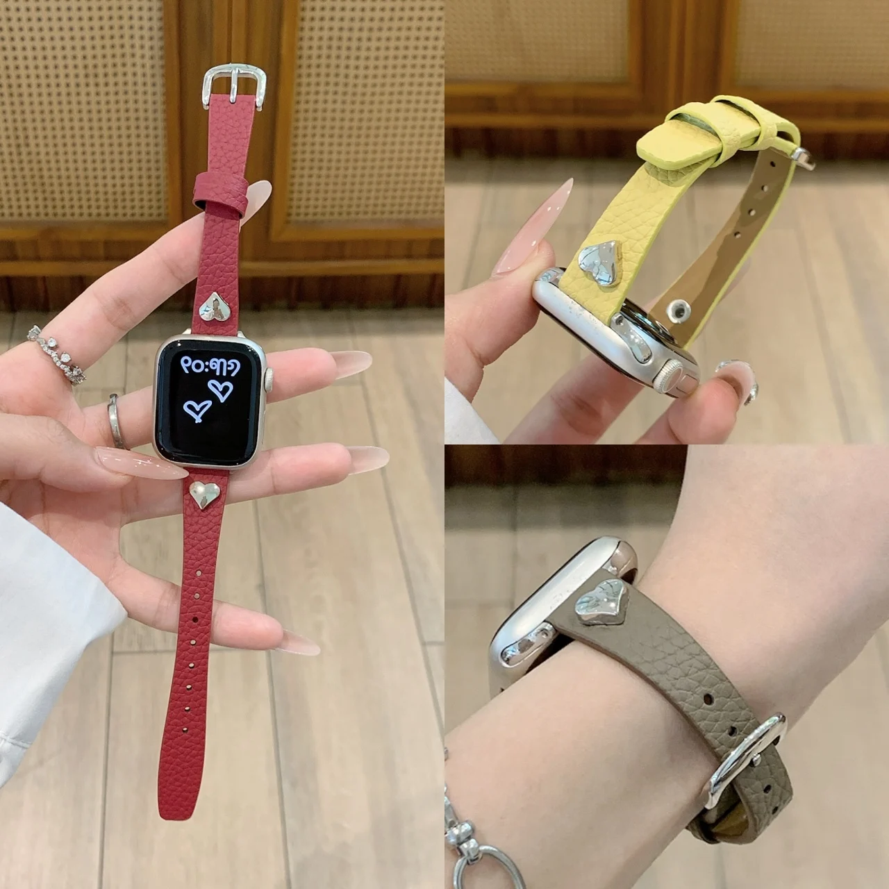 Slim Lychee Grain Leather Heart Buckle Strap For Apple Watch Ultra SE 11 10 9 8 7 Vintage Sweet Casual Elegant Ladies Wristband