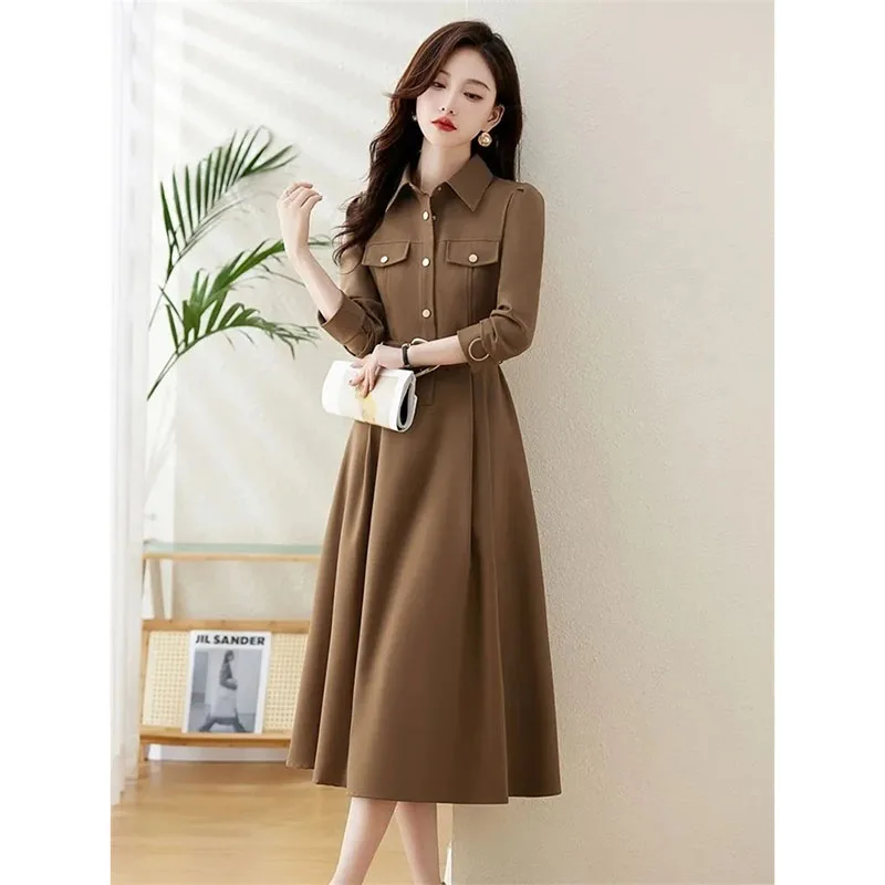 فستان برقبة على شكل طية صدر السترة فساتين قميص نسائية بأكمام طويلة 2026 ربيع خريف جديد فساتين راقية نسائية Mujer Vestidos