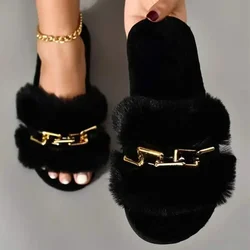 Fluffy Fur Slippers 2024 New Fashion Chain Design Women Home Slippers Winter Indoor Open Toe Flat Non-slip Leisure Female Shoes