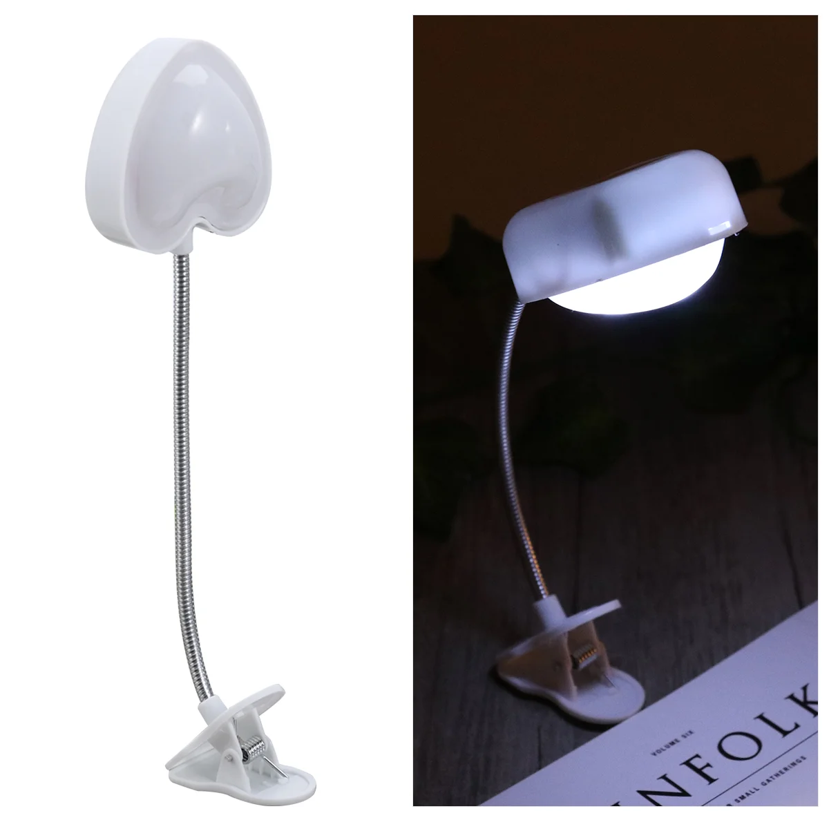 USB Led Reading Lamp with Clip for Eye Protection Love Heart Table Light with Gooseneck (White) Clip Lamp