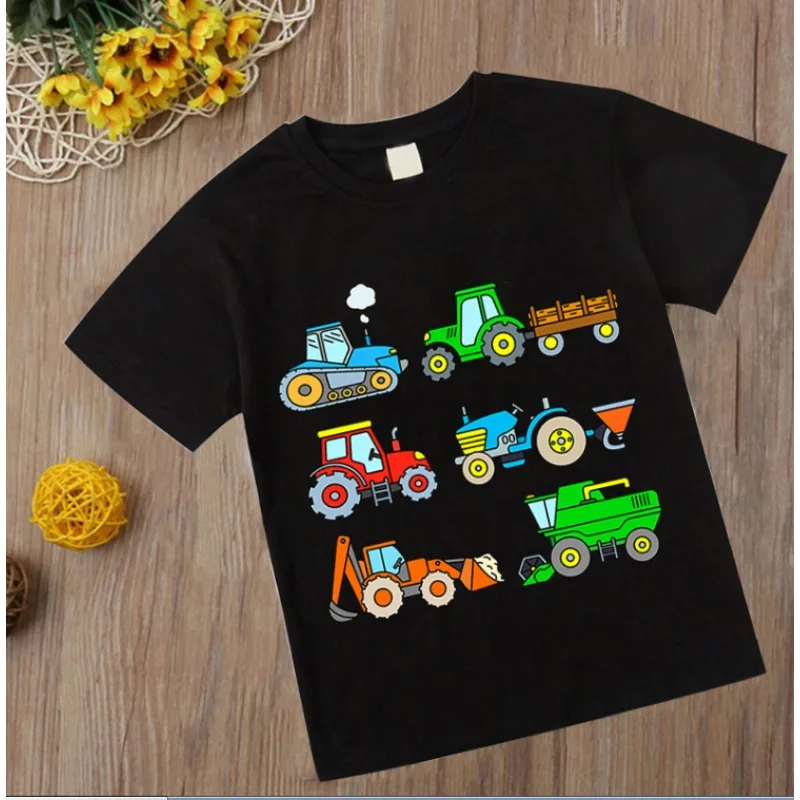 2023 Excavators T Shirt Firetrucks Fire Engines Tshirts Kids Baby  Clothes Costume Children Clothing Locomotive Cartoon Car Tops