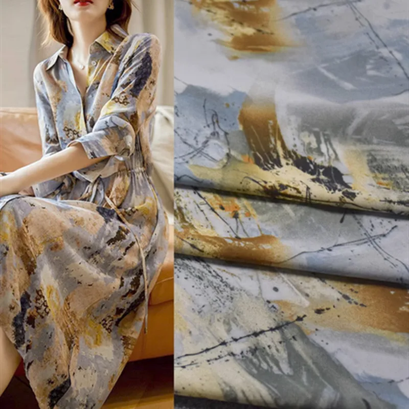 Elegant Grey Abstract Oil Painting Wind Chiffon Fabric for Spring and Summer Dress, Thin Cloth, Soft, No Transparent, T2050