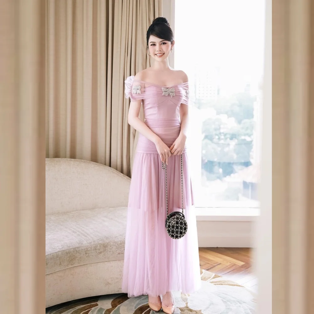 Tulle Beading Sequined Ruched Valentine's Day A-line Off-the-shoulder Bespoke Occasion Gown Midi Dresses