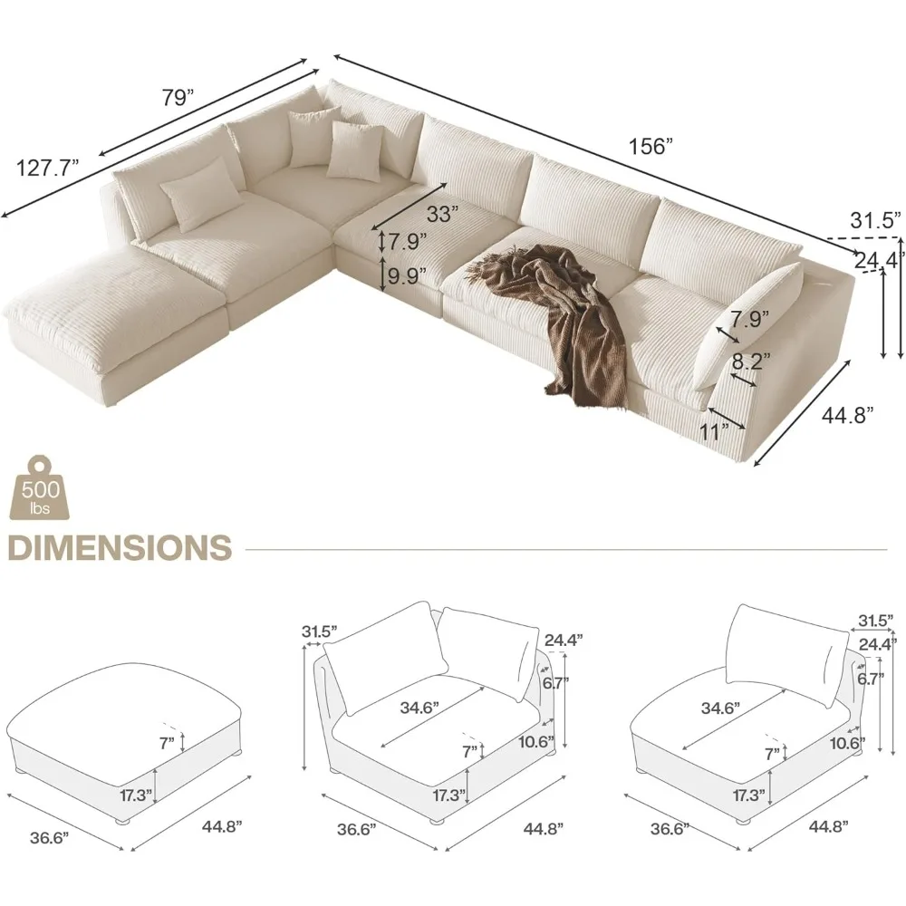 Oversized Corduroy Sectional Sofa Couch, 163'' Cloud Modular Couch with Ottoman, Deep Seat Couches for Modern Living Room/Office