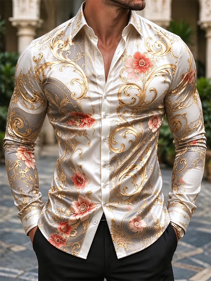 New rice white gold Baroque floral men's long sleeved shirt with rolled grass big flower 3D printed pattern shirt