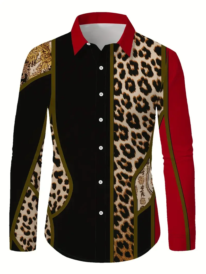 

Высококачественная мужская рубашка с леопардовым принтом на пуговицах в стиле барокко с цепочкой и якорем с длинными рукавами, вечерние повседневные лацканы с длинными рукавами