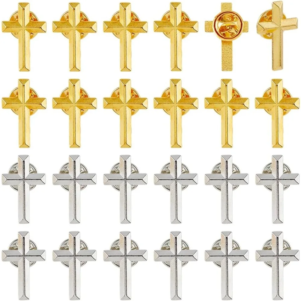 

24Pcs Metal Crosses Lapel Pins Gold and Silver Sacramental Brooch Bulk Cross Set with Safety Backpacks for Suit Uniform Hats