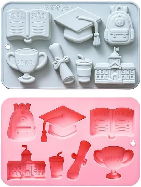 

School Theme Silicone Mould, 7 Cavity Design with Graduation Cap, Trophy, Backpack Fondant Candy Chocolate Mould Cake Decoration
