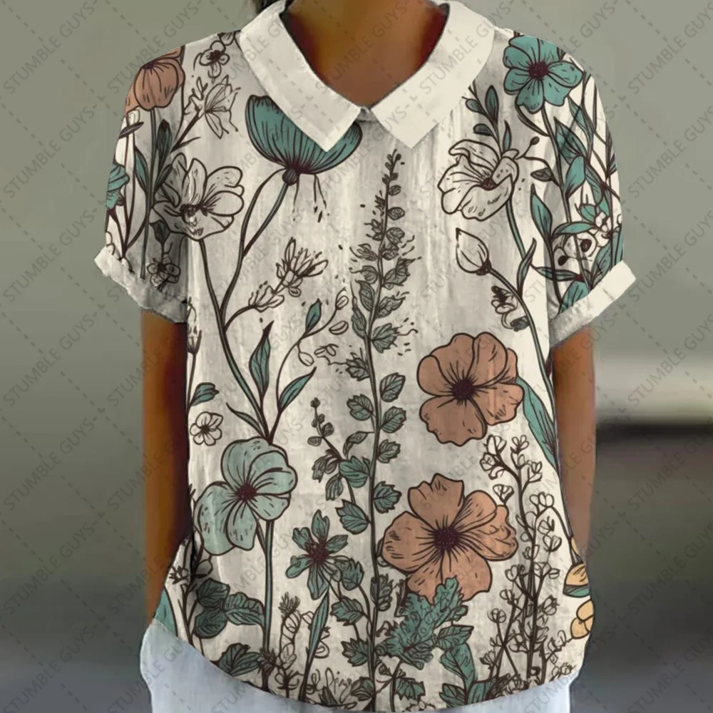 new 2024 summer women\'s fashion Retro style Fresh flower 3d printed t-shirt puff sleeve t-shirt Peter Pan Collar Shirts