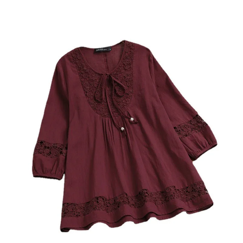 Women's British Style Loose Fit Long Sleeve Cotton Linen Blouse Round Neck Solid Color Mid Length Pullover Long Shirt with Hem