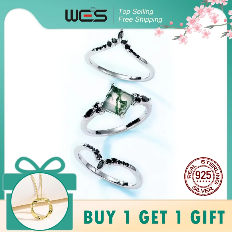 

WES 925 Sterling Silver Crown Moss Agate Leaf Ring Sets for Women Mom Crystal Natural Gem Anniversary Jewelry Wholesale Gift