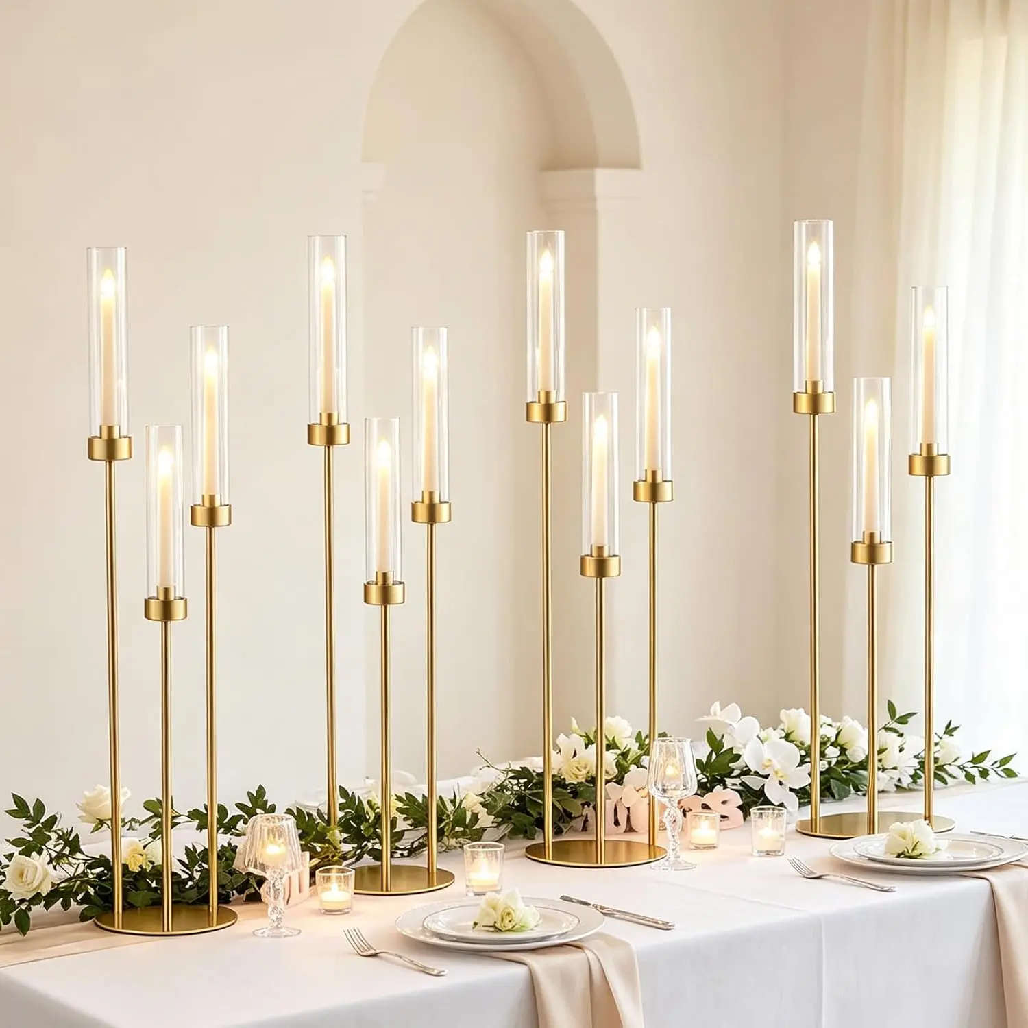 4 Pcs Gold 3 Arm Candelabra Centerpiece for Table 33.8in Metal Candle Holder with Acrylic Lampshade Fits LED Taper Candles Wedding Party Christmas Dining Decor
