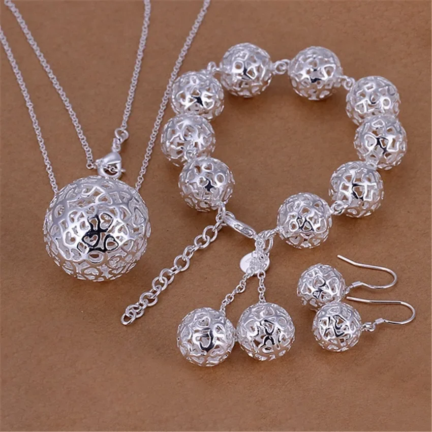 Conjunto de joyería de plata de ley 925 con colgante de bola hueca, pulsera, collar y pendientes, ideal para mujeres, para fiestas, regalos de Navidad.