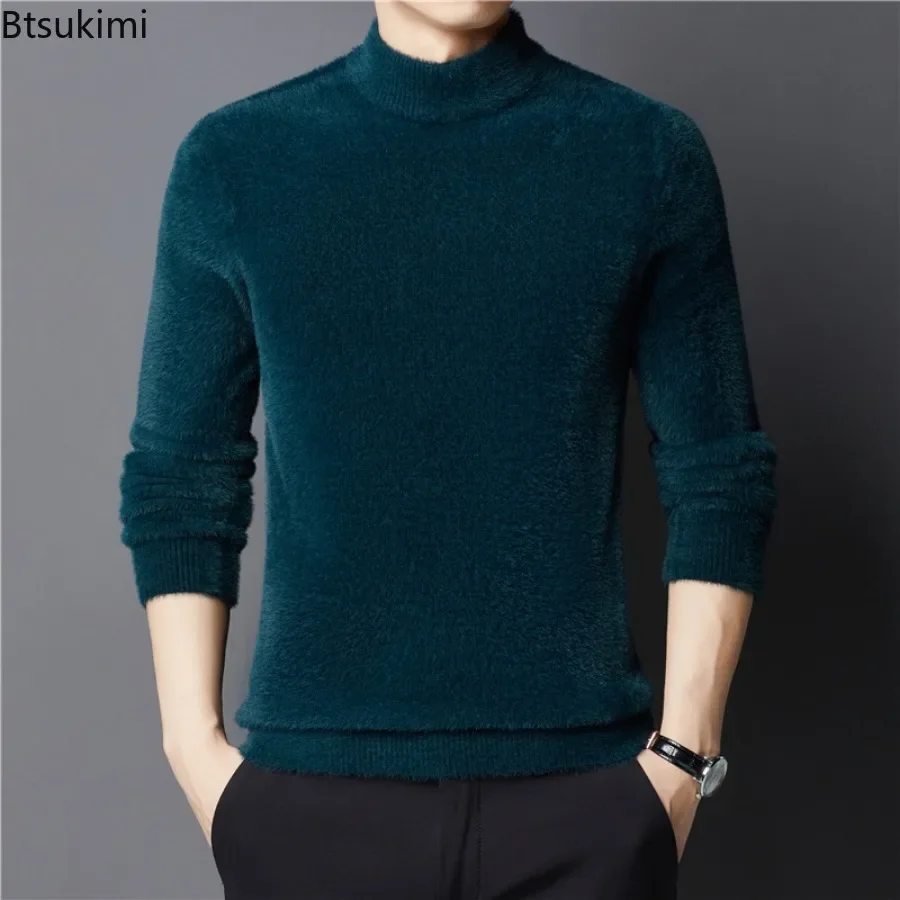 New 2024 Men's Warm Thick Woolen Sweater Tops Solid Plush Sweater for Winter Men's Thick Plush Bottom Sweater Slim Fit Pullovers