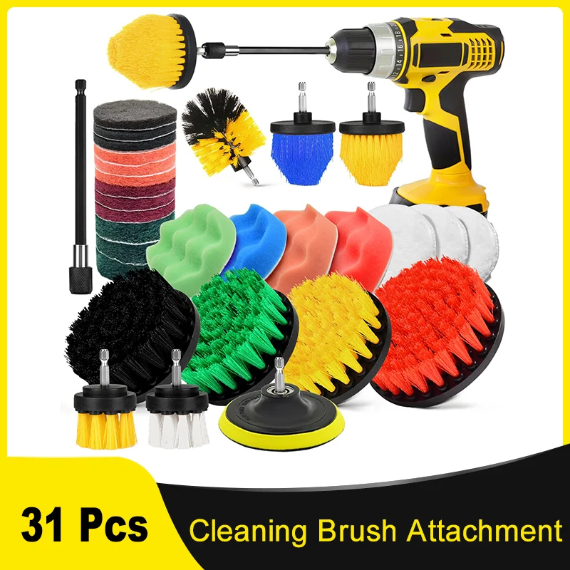 Drill Cleaning Brush Attachment Set 31 Pcs with Scouring Pads Sponge Pad Extend Attachment for Cleaning Surfaces Bathroom Tub