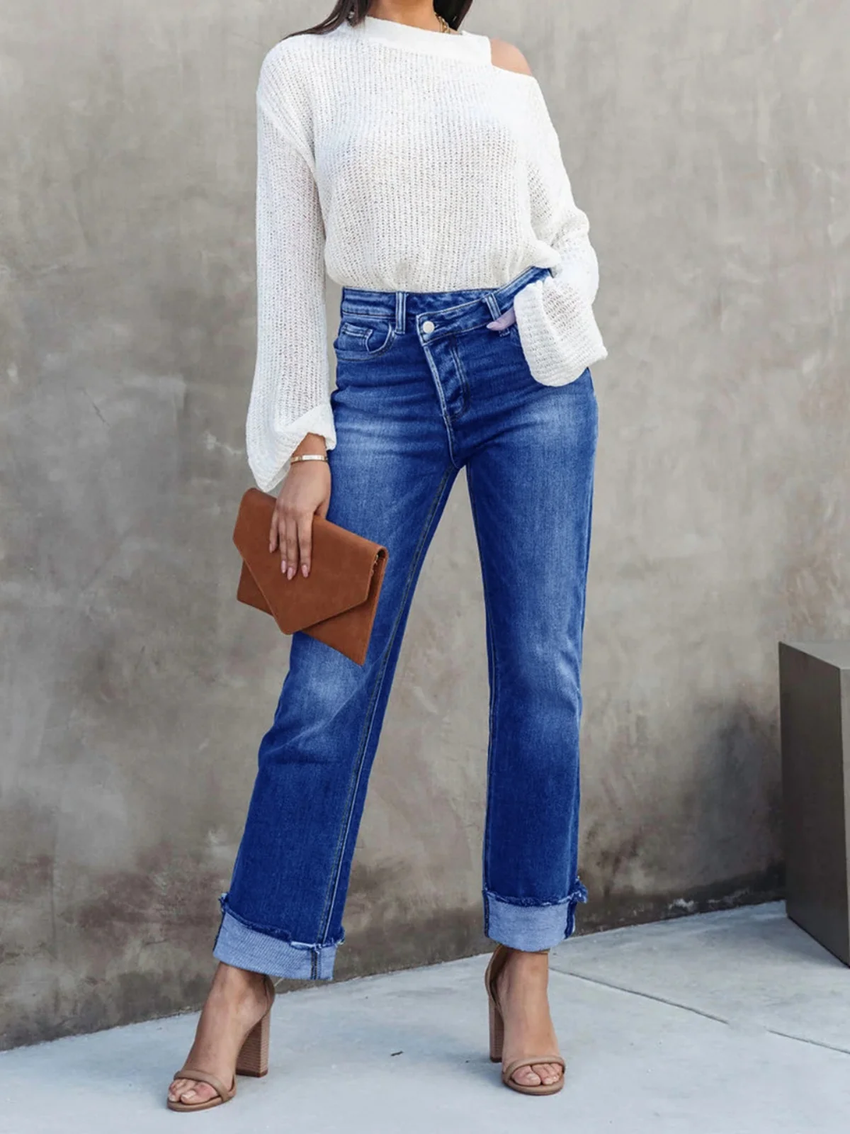 Crossover High Waisted Straight Leg Jeans Women Hem Cuffed Stretch Denim Pants Fashion Vintage Streetwear Slim Fit Trousers