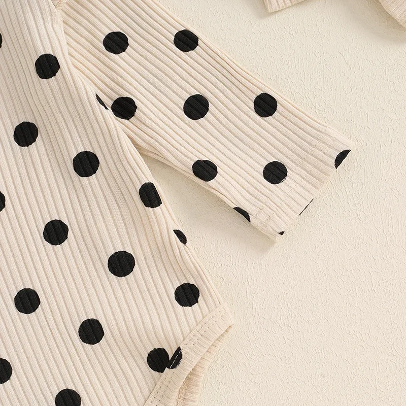 Conjunto de roupas de outono para bebês meninas manga comprida com estampa de pontos e calças e faixa de cabeça com laço