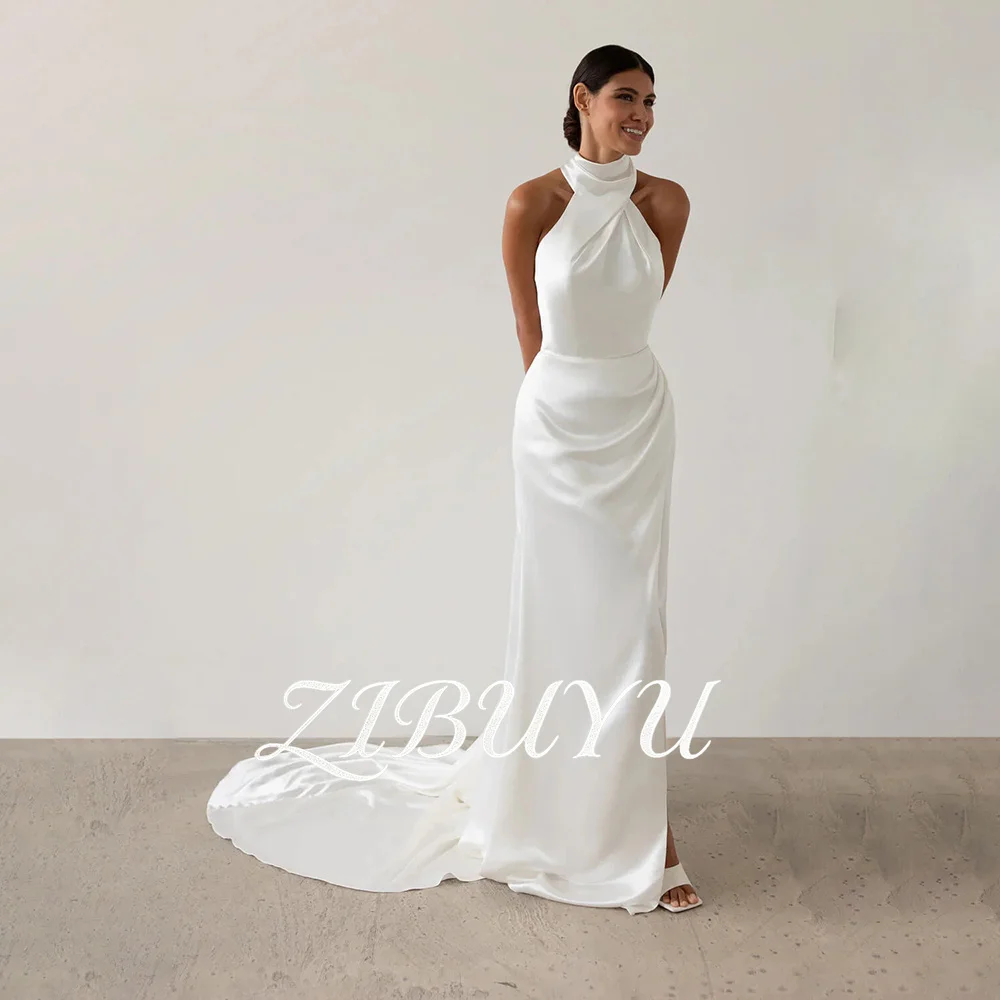 

ZIBUYU Customized Minimalist Satin Wedding Dress Halter Neck Sleeveless Open Back Crisscross Straps Ruched Waist Bridal Gowns