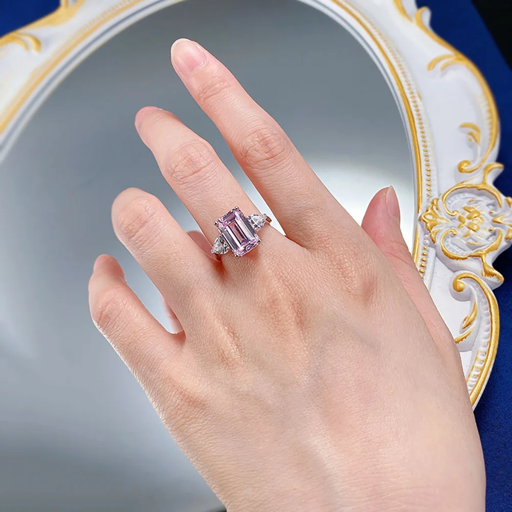 Charms 8*12mm Emerald Cut Topaz Pink Quartz Rings for Women S925 Silver Gemstone Lab Diamond Engagement Ring Party Fine Jewelry