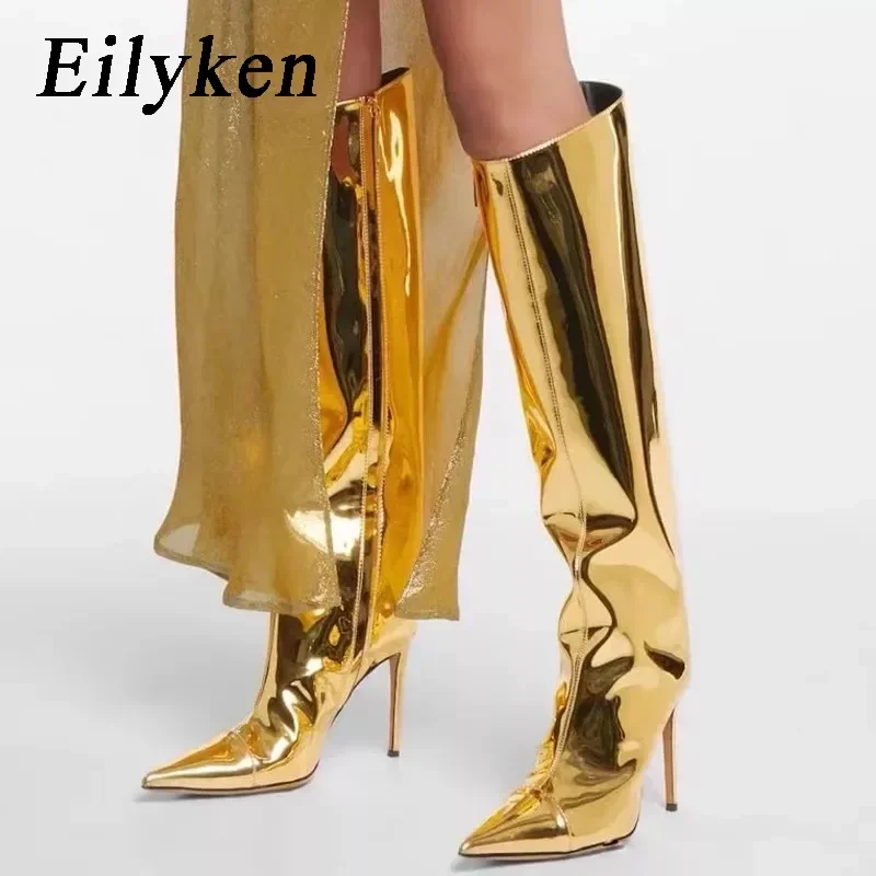 Eilyken Autumn Winter Gold Silver Designer Patent Leather Women Long Knee High Heels Boots Punk Pointed Toe Sexy Zapatos mujer