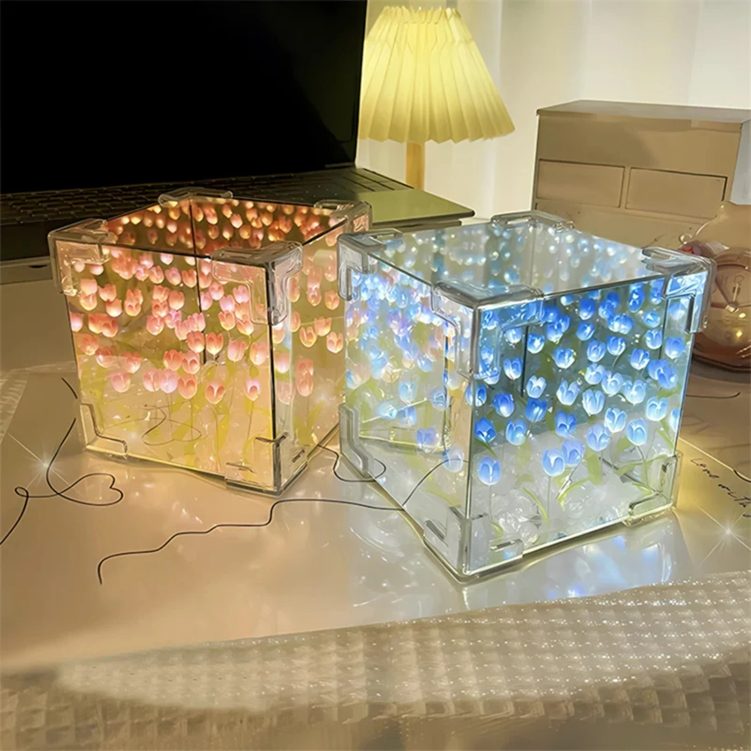 Artificial Tulip Flower Night Light Ornaments Handmade DIY Bedside Lamp LED Night Lamp Bedroom Decor Birthday Gifts Table Lamp