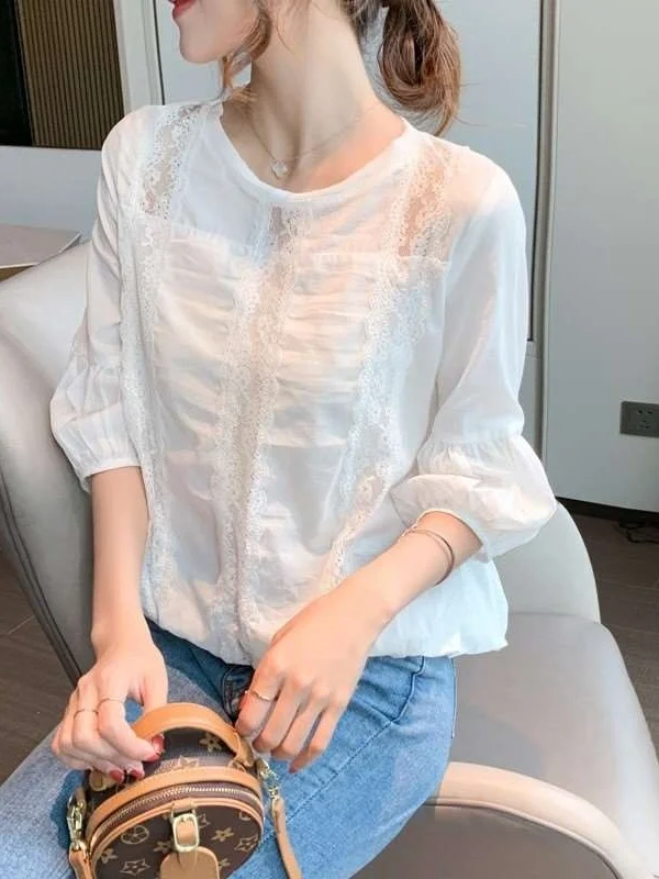 

Women's New Floral Lantern Sleeve Summer Chiffon Shirt Commute Style round Neck Seven Sleeve Length Polyester Fiber