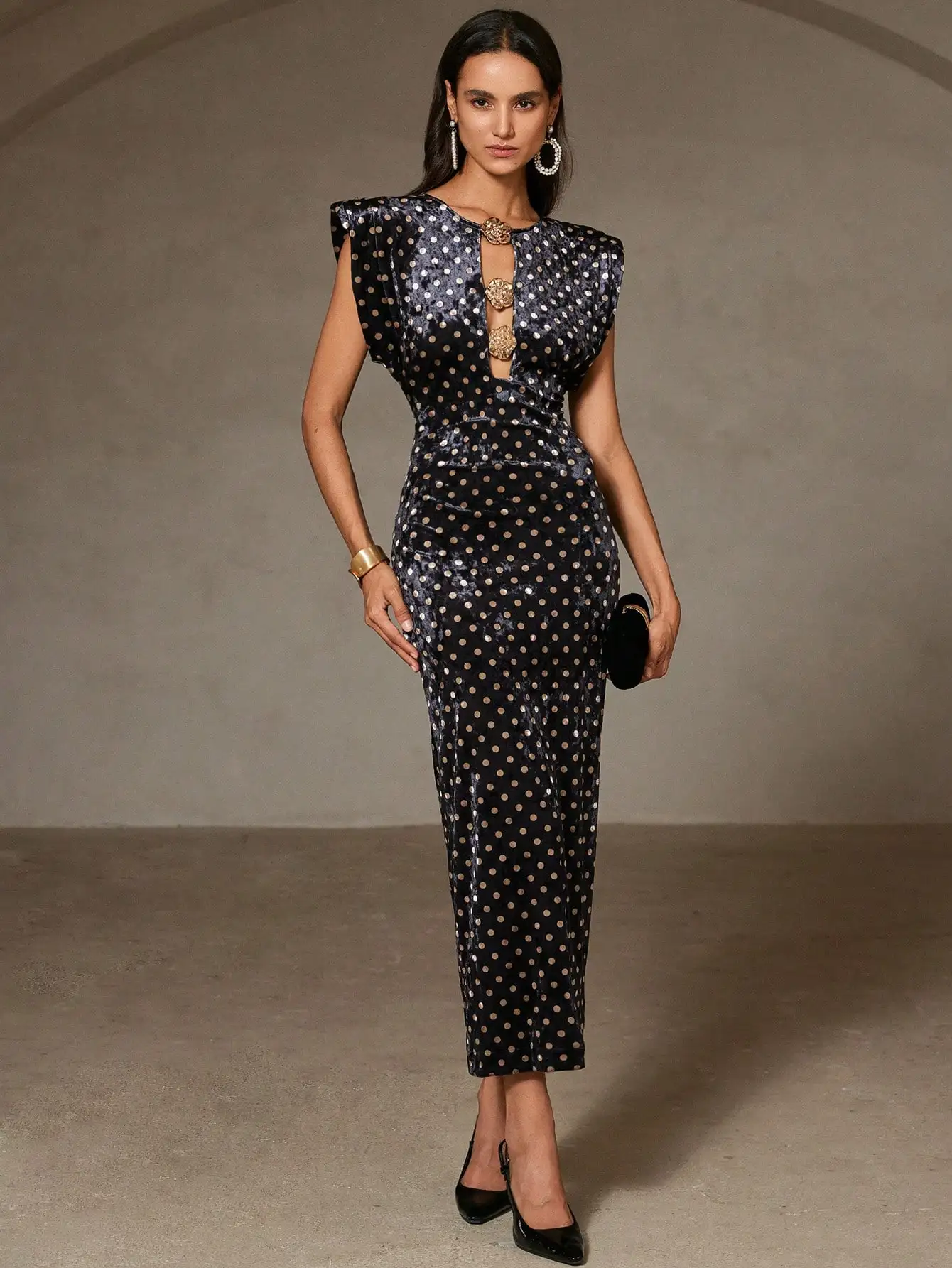 

Black Velvet Polka Dot Dress with Exaggerated Shoulders, Hollow Neck & Metal Buttons