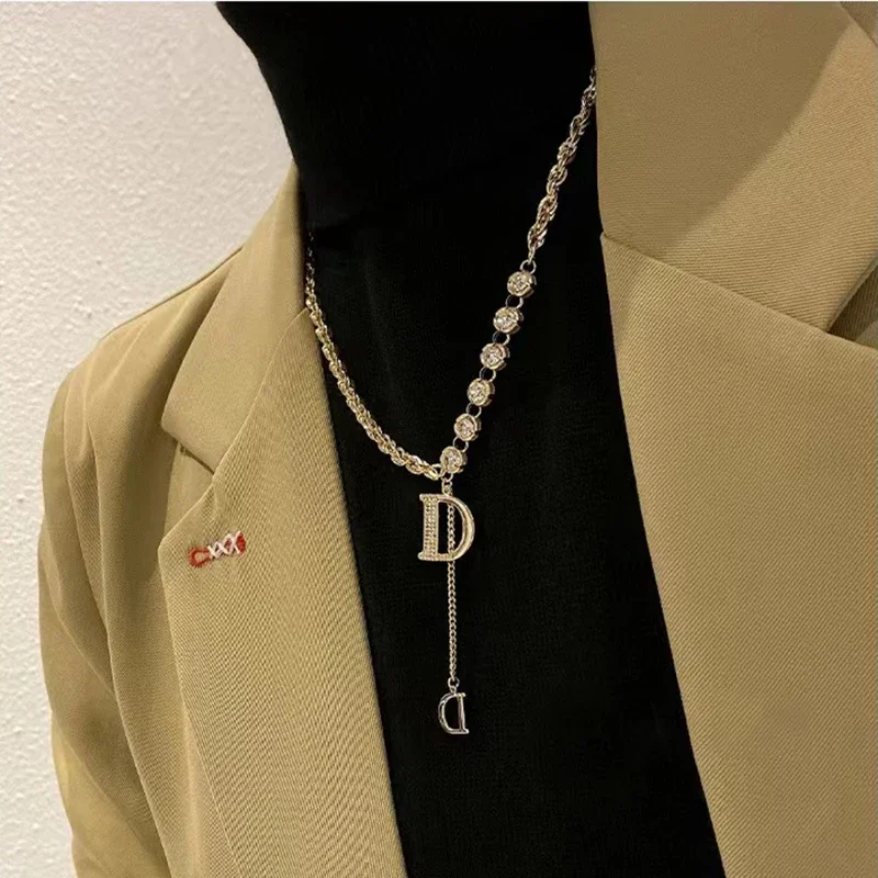 Micro Setting Zircon D Letter Pendant Long Necklace Winter Sweater Chain Fashion Jewelry For Woman Girls Party Gift image 4