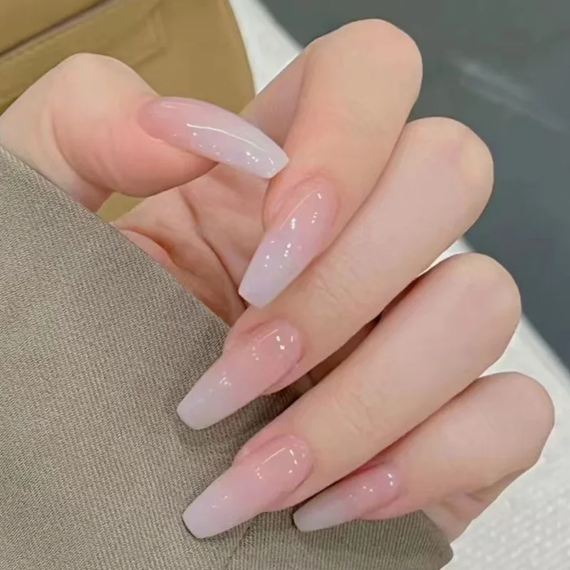 

24Pcs Mid-length Nude Ballet Press on False Nails White Gradient Fake Nail with Jelly Glue Simple Datachable Full Cover Nail Tip