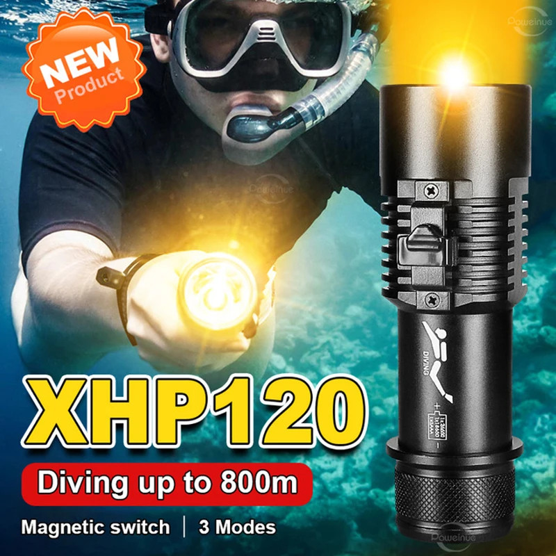 

9000LM Professional Diving Flashlight XHP120 800m Underwater Scuba Diving Torch IPX8 Waterproof Dive Light Using 26650 Battery