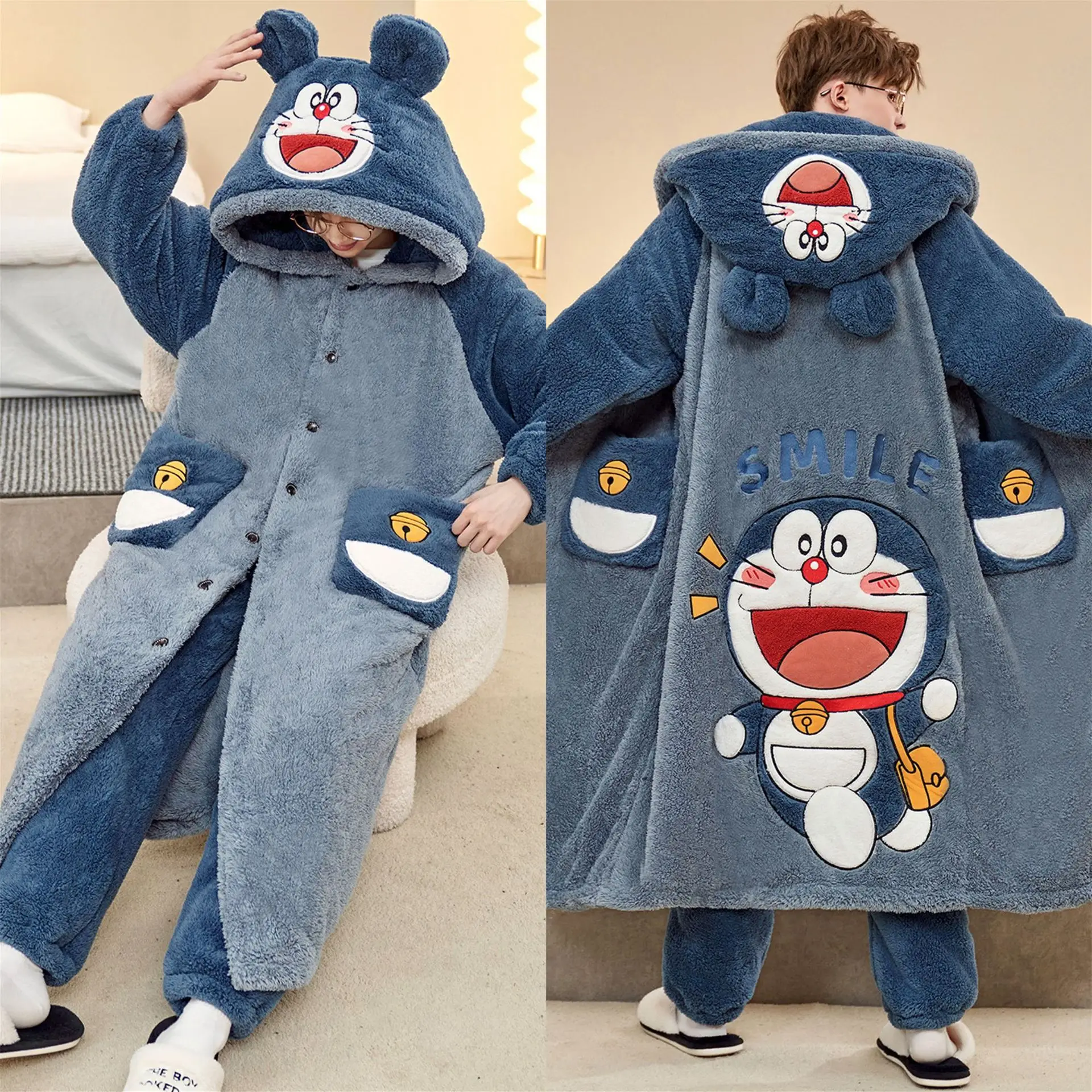 Doraemon Men Hooded Long Robe Pajama Set Thick Flannel Cartoon Print Plush Nightgown Warm Winter Loungewear Sleepwear with Pants